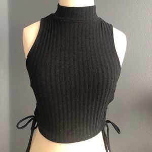 Solemio Black Ribbed Mock Neck Crop side lace top